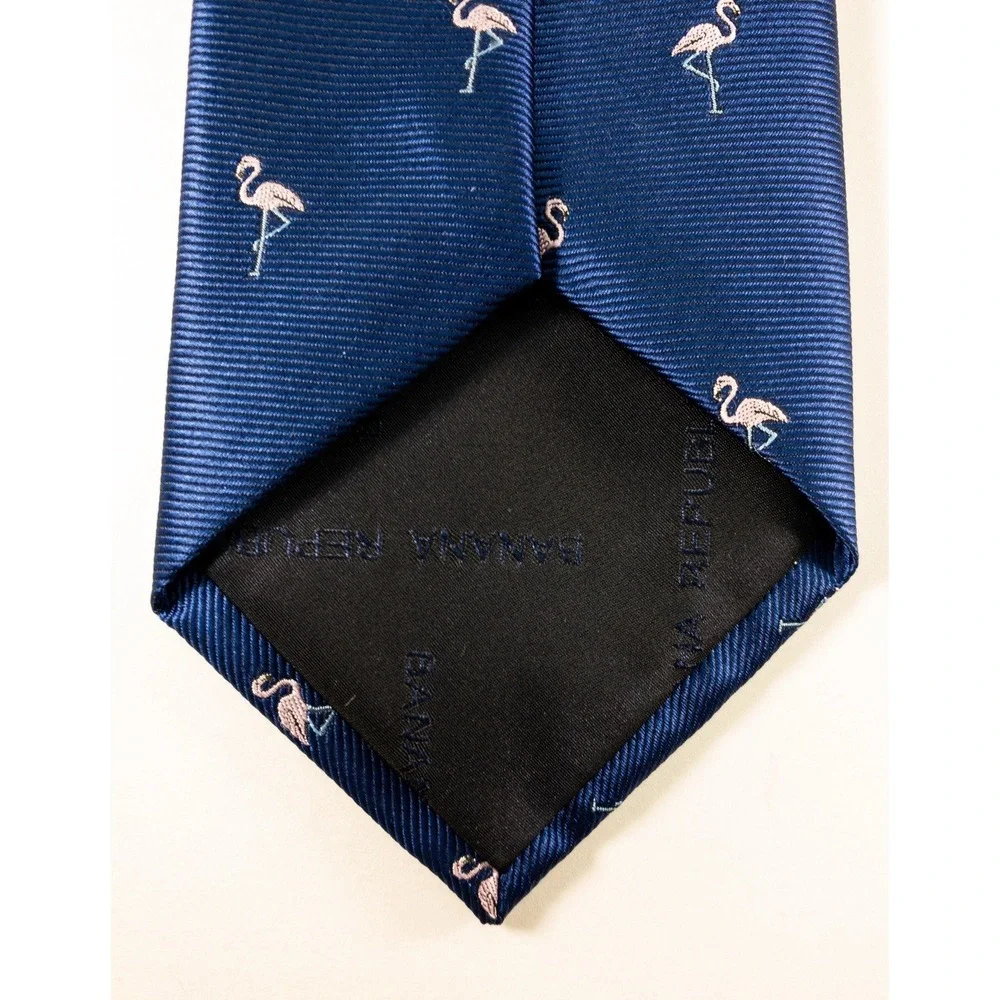 Banana Republic Silk Tie, Navy Repp Tie Embroidered Pink Flamingos, Modern 3x59